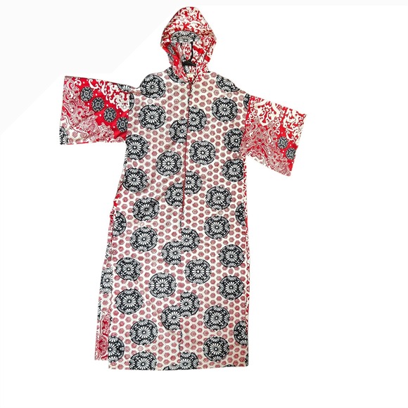 Red White Floral Print Hooded Maxi Dress Kimono Sleeve Caftan Lounger - Picture 1 of 6